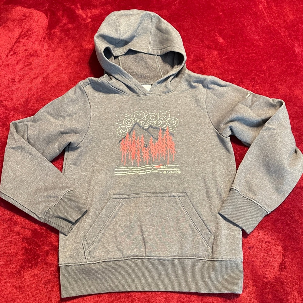 Columbia Kids Gray Mountain Graphic Pullover Hoodie Sweatshirt Size M 10/12